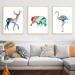 Nordisches minimalistisches Triptychon-Wandbildset mit geometrischem Hirsch Bär und Flamingo