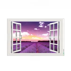 Detail view of 3D window wall decal featuring purple lavender fields, 90cm x 60cm size
