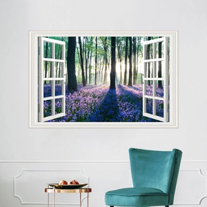 3D window wall sticker featuring a sunny bluebell forest landscape for home decor