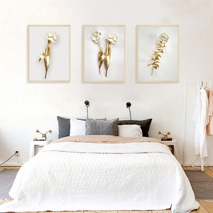 Set of 3 Nordic style golden flower 3D wall art paintings with wooden frames