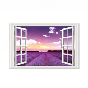 Detailed view of 3D window wall sticker with purple lavender field in 56x86cm size