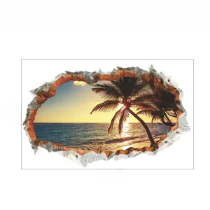 Detailed dimensions of 3D tropical beach wall sticker with palm trees sunset scene