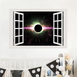Dettaglio dell'adesivo murale 3D cosmo con buco nero e fasci di energia colorata