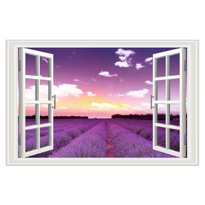 Macro detail of the 3D lavender field wall sticker featuring realistic window frame depth