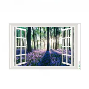 3D wall sticker with white window frame showing a sunny forest and lavender field 90x60cm