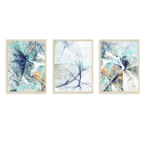 Macro detail of Nordic abstract triptych wall art with blue and yellow fluid line patterns