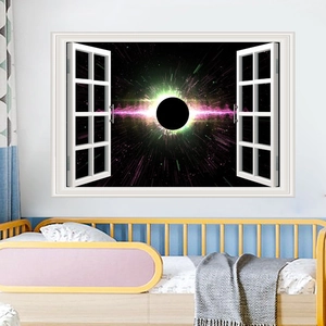 Adesivo murale 3D con vista cosmica di un buco nero in una finta cornice di finestra decor