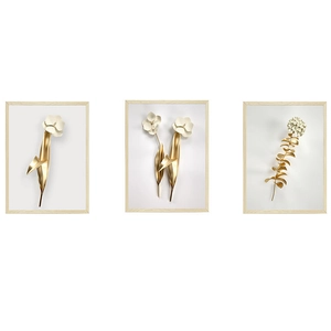 Detail view of 3D embossed golden and white flower petals on a minimalist frame