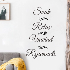 Adesivo murale Soak Relax Unwind Rejuvenate in elegante corsivo per la decorazione casa