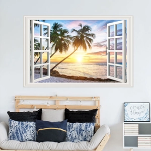 3D tropical beach sunset wall sticker with palm trees and a white window frame design