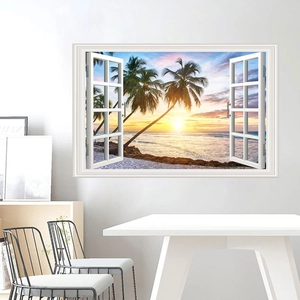 3D tropical beach sunset wall sticker with palm trees in a white window frame design