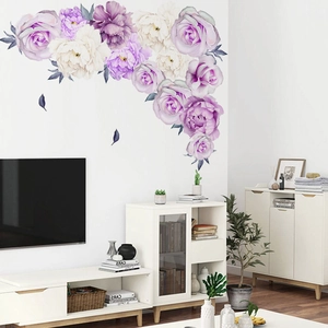 Muurstickers met pioenrozen en paarse rozen in waterverfstijl voor huisdecoratie