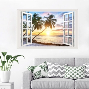 3D ocean view window wall sticker with palm trees and sunset for living room decor