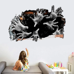 3D Halloween wall decal featuring zombie hands breaking through a realistic brick wall