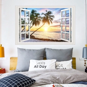 3D tropical beach window wall sticker with palm trees and sunset for home decor