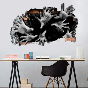 Halloween 3D broken wall sticker featuring terrifying hands reaching from a brick wall