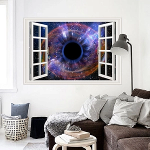 Vista 3D di un adesivo da parete finestra bianca che mostra una galassia e un buco nero