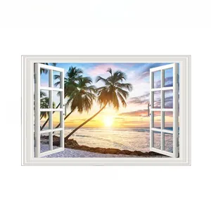 Detailed dimensions of 3D fake window wall sticker featuring sunset beach landscape 86x56cm