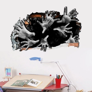 Halloween 3D broken wall sticker with spooky hands reaching out from red bricks
