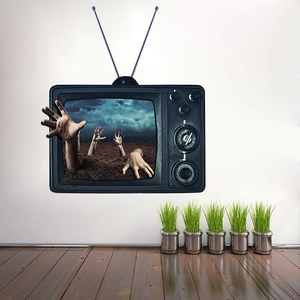 Spooky 3D wall sticker featuring zombie hands emerging from a retro TV screen