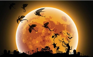 Detailed Halloween wall decal with flying dragons and glowing pumpkins under a full moon