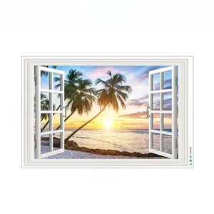 Detailed layout of 3D window wall sticker with tropical beach sunset design 90x60cm