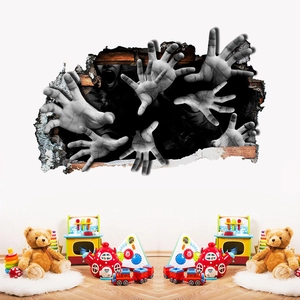 3D Halloween wall decal featuring realistic creepy hands emerging from a broken brick wall