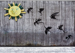 3D dragon wall decals with a smiling sun art piece for home wall decoration