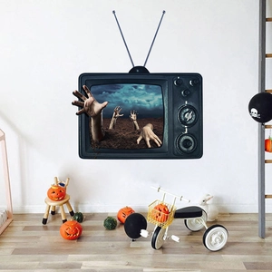 Halloween vintage TV wall sticker featuring a 3D zombie hand breaking through the screen
