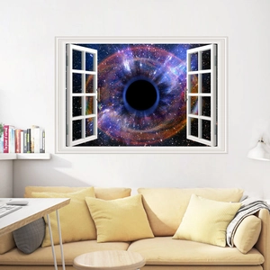 Adesivo murale finestra 3D con galassia viola profondo e scena nebulosa del buco nero
