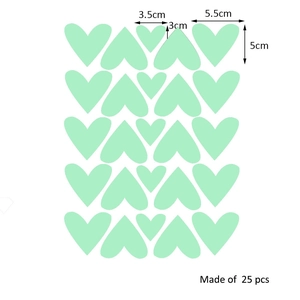 Detailed size dimensions for 25 pieces of mint green heart-shaped wall stickers