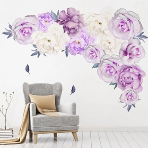 Elegante paarse pioenroos muursticker in aquarelstijl voor decoratie van de woonkamer