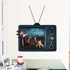 Halloween vintage TV 3D wall sticker with creepy zombie hand coming out of the screen