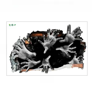 3D realistic zombie hands breaking through brick wall PVC decal measuring 60x38cm