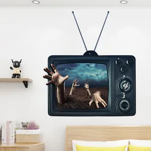 Detailed 3D visual of zombie arm breaking through a retro TV screen Halloween wall sticker