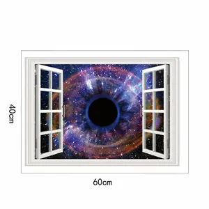 Detail view of 60x40cm 3D outer space faux window PVC wall decal with black hole nebula