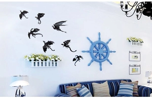 Detail view of 3D black dragon wall stickers on living room wall for home decoration