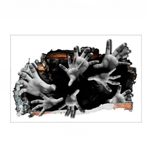Detailed 3D Halloween wall sticker showing creepy hands reaching through a broken brick wall