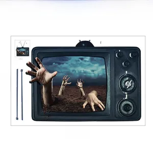 Detailed 3D Halloween wall sticker showing zombie arms reaching out from a retro TV set