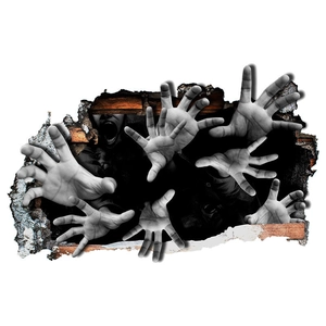 Macro detail of 3D Halloween wall decal showing creepy hands coming from a broken brick wall