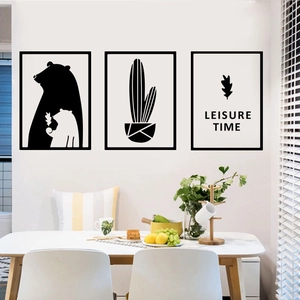 Three-piece Nordic bear and cactus wall art set for modern minimalist home decor