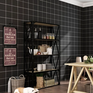 5-tier industrial shelving unit with black metal frame and wood shelves for home storage