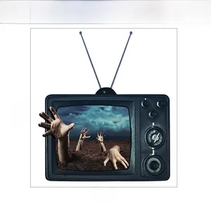 Creepy 3D retro TV wall sticker with hands emerging from screen, size 81cm x 91cm