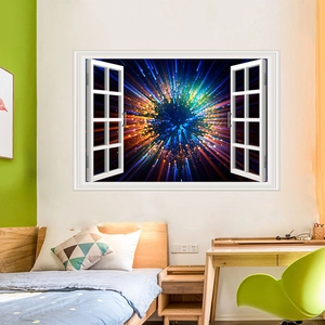 Vista dettagliata dell'adesivo murale 3D universo con design realistico della finestra