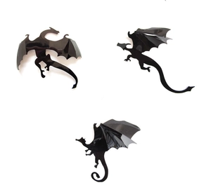 Three-piece set of glossy black 3D dragon wall stickers with reflective surface finish
