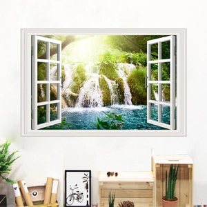 Detail view of 3D window wall sticker featuring a forest waterfall and stream landscape