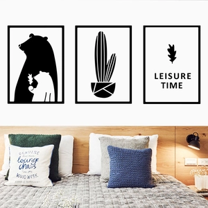 Nordic bear and cactus triptych wall art set with black frames for bedroom decor