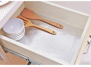 Detail of silver grid texture kitchen drawer liner with waterproof oil-proof surface