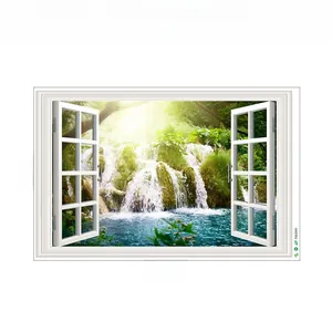 Detailed 3D fake window wall sticker featuring forest waterfall landscape 90x60cm