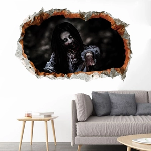 3D Horror Zombie Woman Broken Wall Sticker Scary Long Hair Female Ghost PVC Decal For Halloween Party Home Wall Decoration